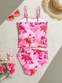 Bañador de tankini de punto con estampado floral tropical para niñas, bañador para niñas, bañador floral rosa, bañador para adolescentes, bañador tropical floral rosa para niñas preadolescentes, bañador rosa para niñas, bañador casual de verano con estampado de flor de hibisco para niñas, bañador de tankini rosa con volantes para niñas, bañador floral rosa para niñas, bañador con estampado floral para niñas, bañador con estampado de hibisco para niñas - Rosa - Ver 2