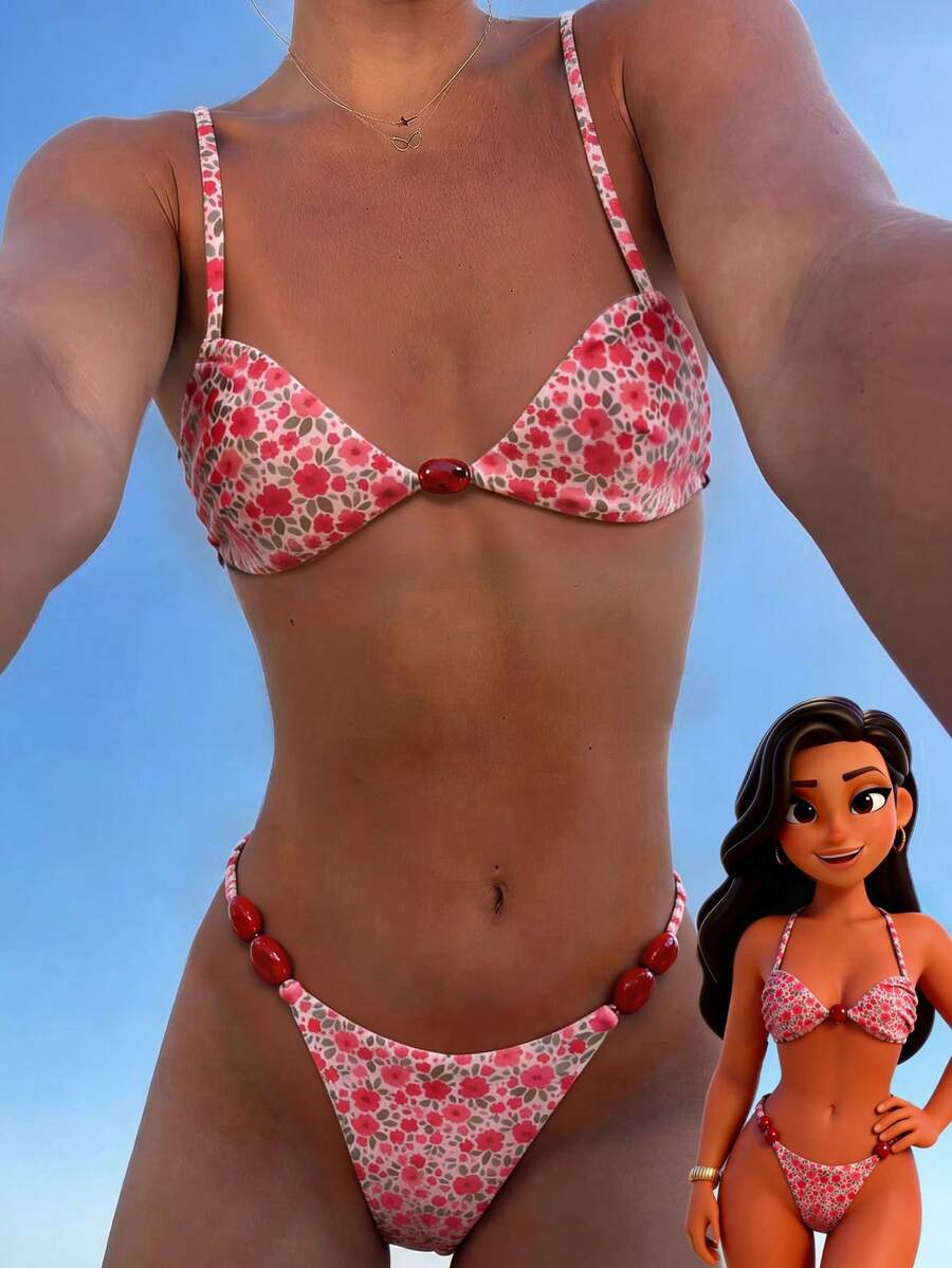 Swim Mod Conjunto de bikini de tirantes finos con estampado aleatorio y cuentas para mujer, primavera/verano - Multicolor - Ver 1