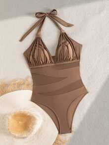 Swim Lushoire بدلة سباحة قطعة واحدة للنساء، لون القهوة، مصنوعة من شبكة محبوكة مضفرة وقطع ملائمة للاستخدام في العطلات الصيفية والشاطئ، مرنة وعملية - قهوة بني - مشاهدة 6
