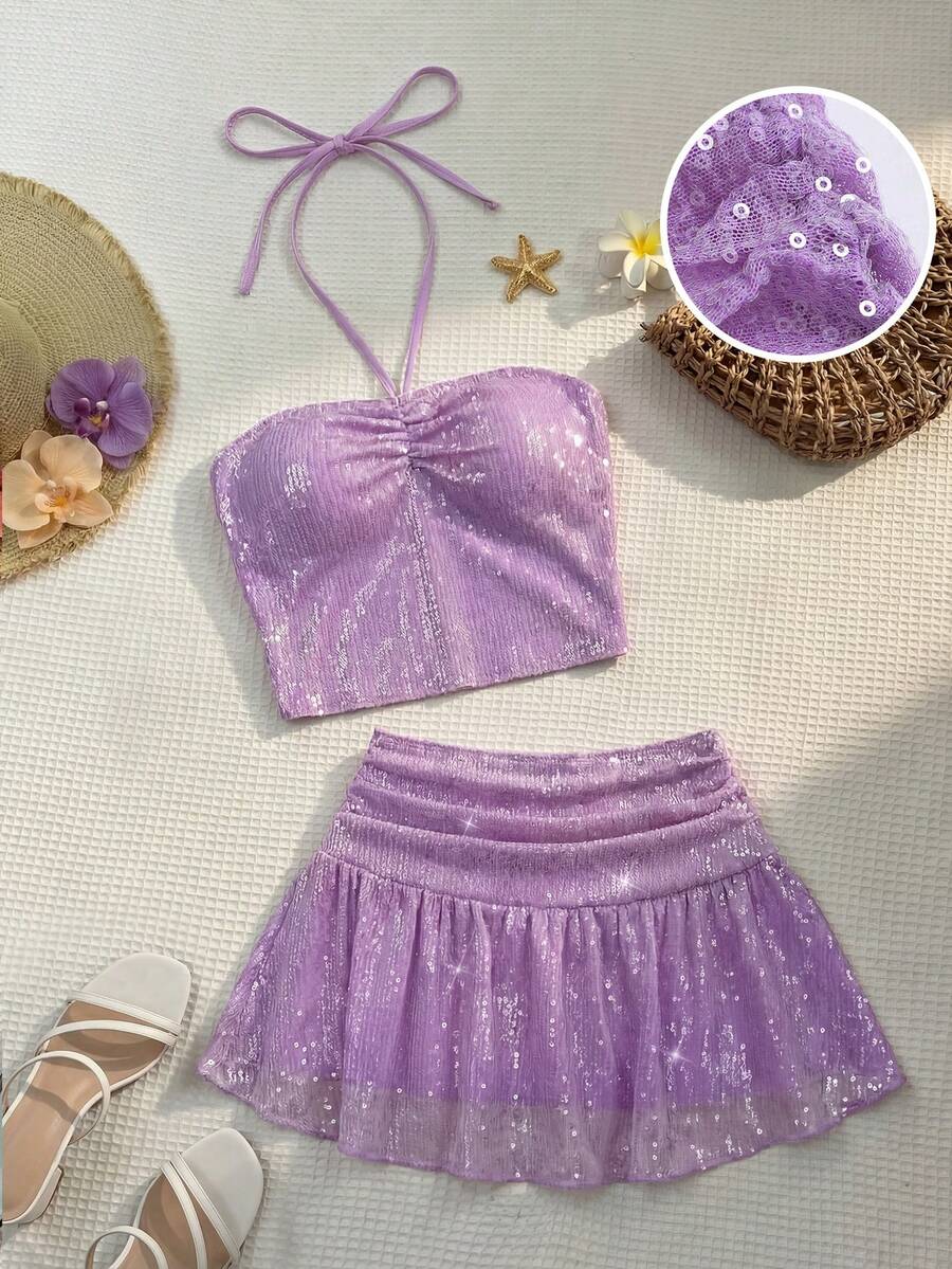 Sweetra Bộ 2 món gồm áo hai dây đính sequin ren lưới và chân váy ngắn, trang phục gợi cảm, thoải mái cho tiệc tùng và kỳ nghỉ, mùa xuân/hè. - Màu tím - Xem 1
