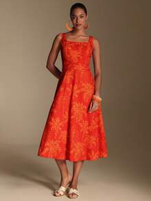 Swim Oasis 热带度假风 | 红色底橙色棕榈树印花方领长裙，适合海滩度假/三亚旅游/音乐节/海滩拍照 - 彩色 - 查看 3