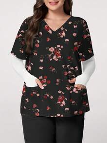 PopScrub Rennaissance Work Rose & Ditsy Floral V-Neck Short Sleeve Pocket Nursing Top,Plus Size Slit Design Spring/Summer Nurse Scrub Uniform,Black Pattern - Multicolor - View 1