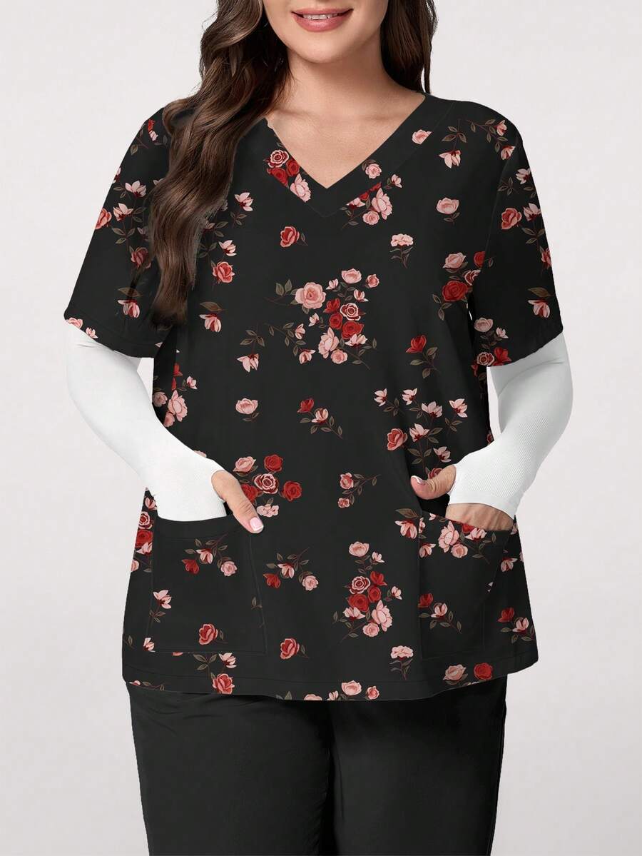 PopScrub Rennaissance Work Rose & Ditsy Floral V-Neck Short Sleeve Pocket Nursing Top,Plus Size Slit Design Spring/Summer Nurse Scrub Uniform,Black Pattern - Multicolor - View 1