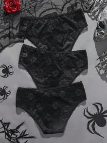 3pcs/Set Black Comfortable Lace Bow Trim Women's Bikini Panties - Black - View 7