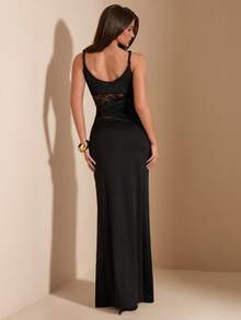 SHEIN BAE Đầm đen phối ren, xẻ tà cao, dành cho nữ. - màu đen - Xem 2