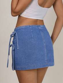 Sunnyshic Women's Knotted Versatile Casual Denim Mini Skirt - Blue - View 2