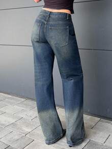 Jeta Ari 女士直筒宽松休闲口袋牛仔裤，百搭 - 深色水洗藍 - 查看 2