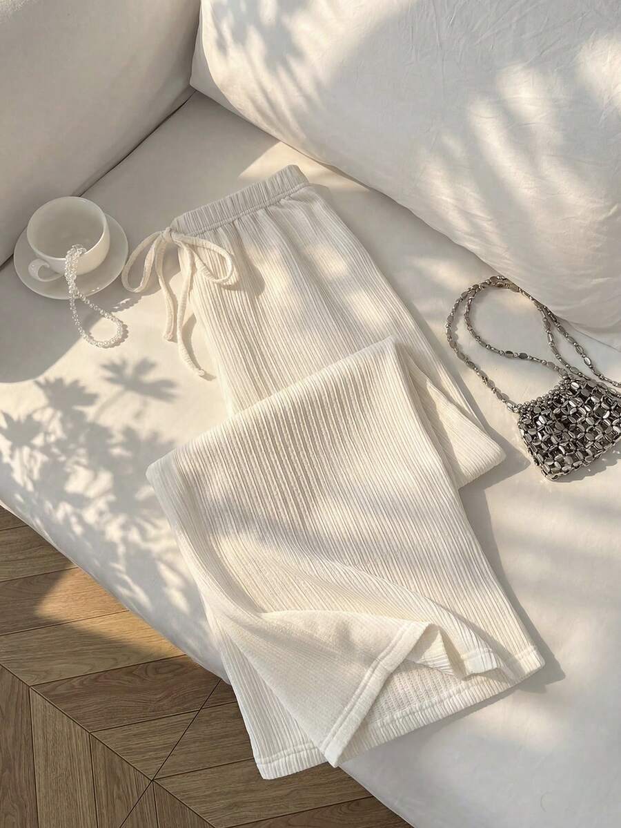 Elamini 女士休闲宽松抽绳腰长直筒裤，杏色，轻薄褶皱面料，适合旅行和户外活动穿着 - 杏色 - 查看 1