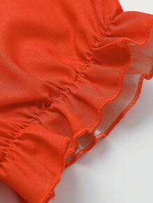EMERY ROSE Plus Size Women's Woven Regular Summer Western Resort Casual Puff Sleeve Embroidered Cinched Waist Faux Tie Hem Orange Short Dress - Burnt Orange - View 3