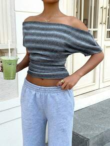 Muchica Camiseta de mujer de un hombro de punto a rayas azules - Azul - Ver 3