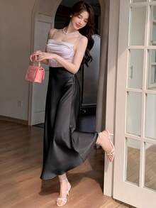 DAZY Women's Solid Color Casual Long Skirt - Black - View 2