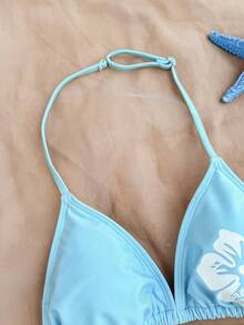 SHEIN Bộ bikini dây mảnh buộc cổ màu xanh trơn in họa tiết dành cho bé gái tuổi teen, đồ đi biển mùa hè, bộ bikini buộc cổ, đồ bơi đi biển mùa hè - Màu xanh lam - Xem 6