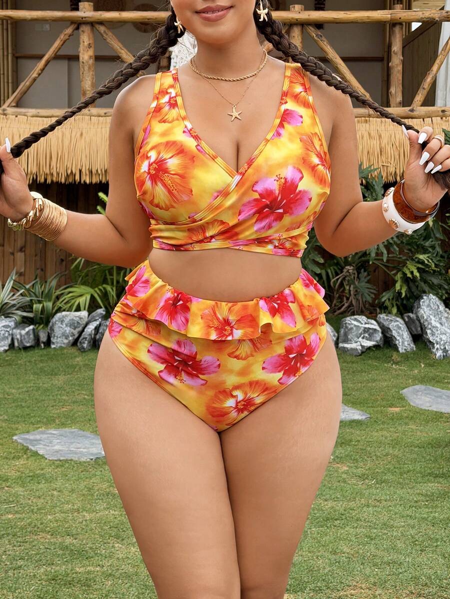 SHEIN Swim 2pcs Plus Size Women Floral Print Criss-Cross Front Halter Tankini Swimwear - Multicolor - View 1