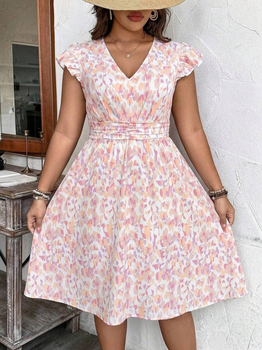 EMERY ROSE Plus Size Women's Floral V-Neck Cap Sleeve Ruched Waist Dress - Multicolor - View 1