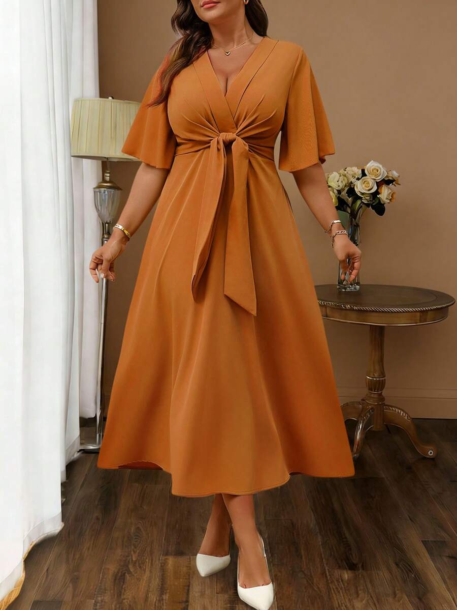 Elenzga Plus Size Women's Elegant Daily Wear V-Neck Ruffle Short Sleeve Tie-Waist A-Line Maxi Dress - Orange - View 1