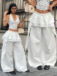 Coolane Quần ống rộng nữ kiểu dáng thường ngày, màu trơn, 2 trong 1 - trắng - Xem 1