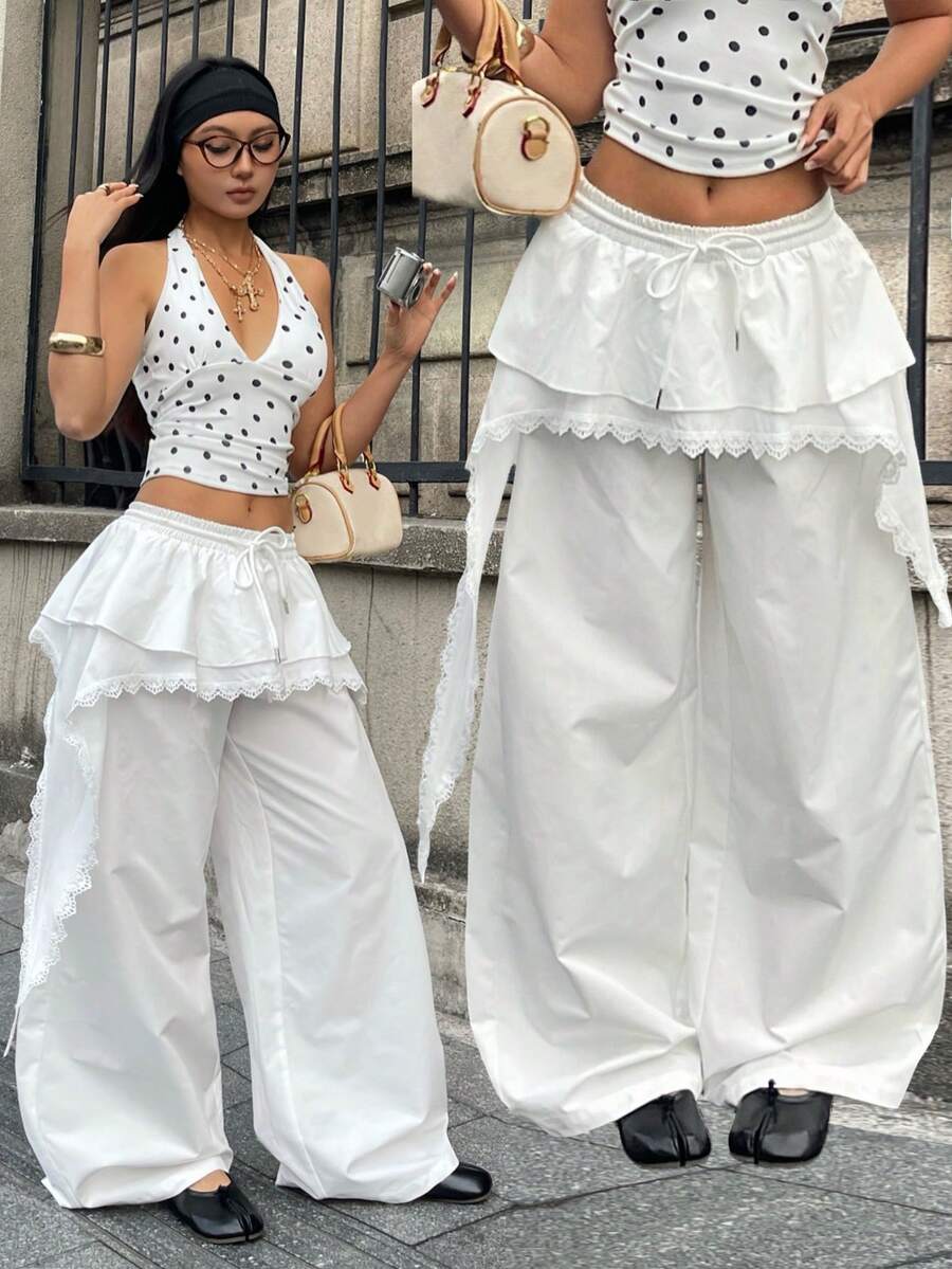 Coolane Quần ống rộng nữ kiểu dáng thường ngày, màu trơn, 2 trong 1 - trắng - Xem 1