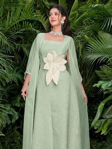 Modelyn Bộ 2 món dành cho nữ, mùa xuân/hè: Áo khoác dài tay bằng vải chiffon dệt màu mơ thanh lịch và váy chữ A không tay bằng vải dệt họa tiết màu mơ, thắt eo, kiểu dáng thanh lịch. - màu xanh lá - Xem 5