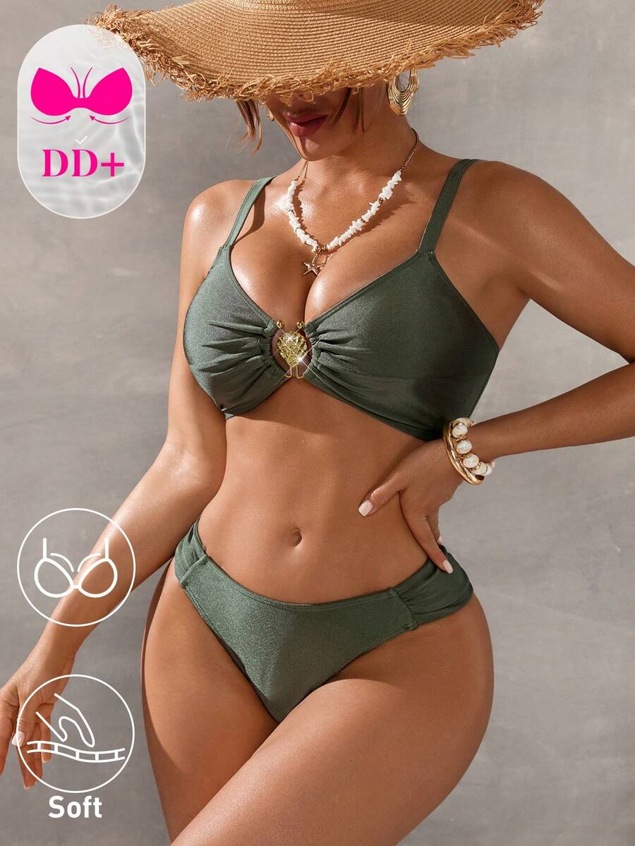 Swim DD+ Set bikini a tinta unita con anello decorativo alla moda, bikini a due pezzi per donna, bikini push-up con coppe DD per donna - Verde militare - Visualizzare 1