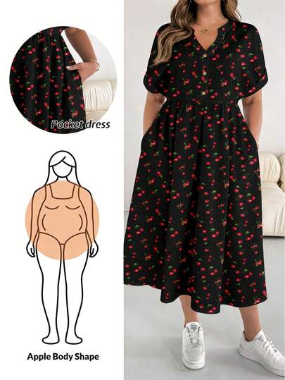 SHEIN Essnce Elegant Minimalist Cherry Print Plus Size Women's Short Sleeve Casual Dress, Suitable For Spring & Summer, Black Dress