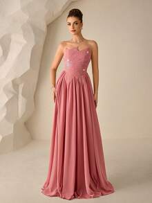 Coutiva Đầm dạ hội trang trọng dành cho nữ, chất liệu chiffon đính ngọc trai (thêu họa tiết cầu kỳ) - Màu Hồng  Dưa hấu - Xem 3