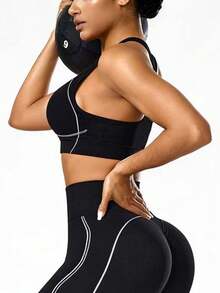 Seamluxe SHEIN Sport Women's Comfortable Seamless High Elasticity Sports Bra Women's Athletic Wear Sports Bras For Women Workout Tops Women Built In Bra Padded Gym Top Sports Top With Built In Bra Running Sports Bra - Black - View 5
