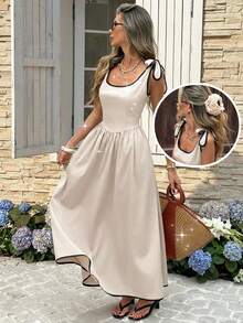 Serisse 女士度假休闲撞色滚边无袖连衣裙 - 杏色 - 查看 7