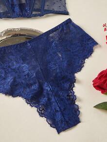 Floral Lace Underwire Lingerie Set - Navy Blue - View 5