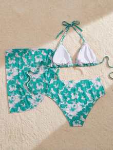 Swim Mod Plus Size Women 3 Pieces Set Floral Accent Spaghetti Strap Skirt & Swimwear Set - Green - View 2