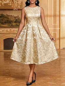 SHEIN Lady Đầm nữ thanh lịch cổ tròn không tay dài đến đầu gối - Màu vàng ngỗng - Xem 4