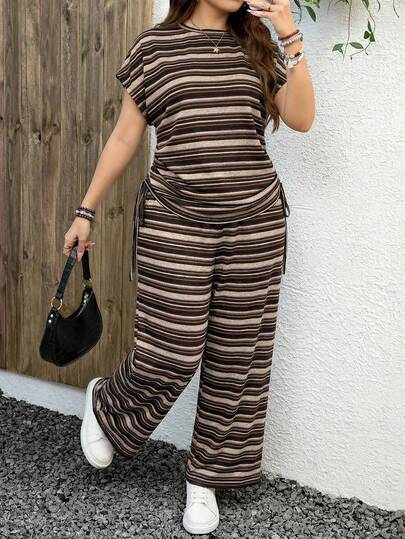 SHEIN LUNE Plus Size Striped Short Sleeve Top And Wide Leg Pants Casual 2 Pieces Set Brown Brown 2 Piece Set Women Striped Two Piece Set Summer Lounge Sets For Women 2 Piece Casual Sets Woman Easter Graduation Outfit For Mother Elegant Women's Set Coords For Women Casual Classy Casual Sets For Women