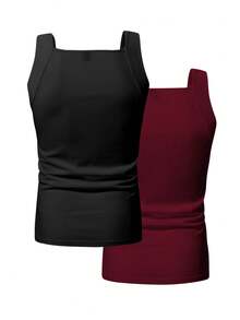 Manfinity Homme Plus Size Men's Solid Color Square Neck Ribbed Tank Top, Holiday - Multicolor - View 2