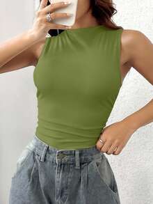 Flirla Women's Solid Color Ribbed Ruched Casual Bodysuit - Army Green - View 5