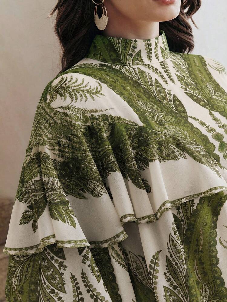 Elegant Retro Flowy Floral Print Long Sleeve Round Neck Ruffle Hem Loose Blouse, Carnival Outfit, Suitable For Spring To Summer, Women's Vacation Outfits