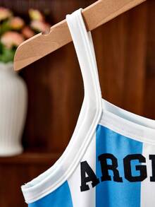 SHEIN 少女背心，复古针织风格吊带衫，阿根廷主题配色，紧身短款设计凸显腰线，休闲街头风或运动风皆宜，充满活力的夏日气息 - 藍色 - 查看 5