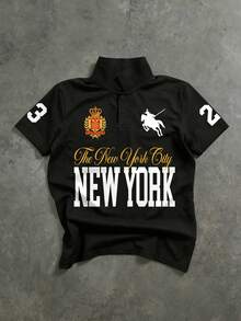 Manfinity EMRG 男士休闲字母印花 Polo 衫，夏季 - 黑色 - 查看 1