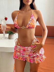 Bonvoyette Ensemble de bikini triangle à imprimé léopard rétro et floral avec décoration métallique, nouveau style estival 2023 pour plage, fête et vacances, 3 pièces - Multicolore - Voir 4