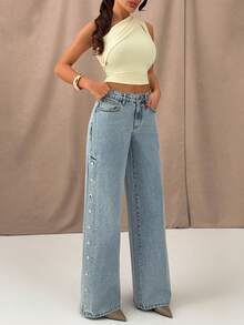 SHEIN Calça jeans de cintura baixa, modelagem regular, estilo casual, azul claro com lavagem neve, detalhe de botão na costura lateral e pernas largas. - Lavagem leve - Ver 3