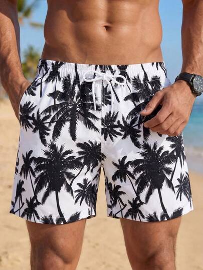 VIVINTIMO Swim Trunks For Men Drawstring Waist Security Pockets Lightweight 4-Way Stretch Palm Tree Floral For Resort Casual,Beach VacationBlack And White Fabric Non-Stretch Beach Shorts,Hawaiian
