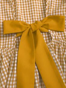 Sweetra 女士时尚甜美格子无袖船领性感露背撞色蝴蝶结腰带A字休闲连衣裙，适合春夏穿着 - 黃色 - 查看 6