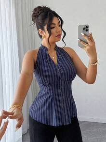 Elenzga Camisa Casual Listrada sem Mangas com Cintura Plus Size para Mulheres - Multicolorido - Visão 7