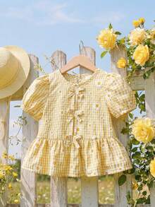 SHEIN Baby Girls' Blouse With Unique Floral Fabric Texture, Countryside Vacation Style, Cute & Fashionable, Comfortable For Spring/Summer, Bow Decor - Yellow - View 3