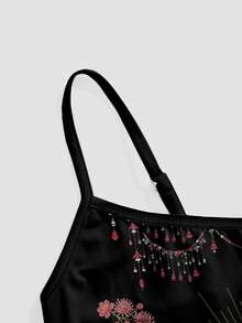 ROMWE Avant 神秘暗黑新中国风宗教佛教暗黑复古玫瑰花音乐节女式吊带背心 - 黑色 - 查看 4