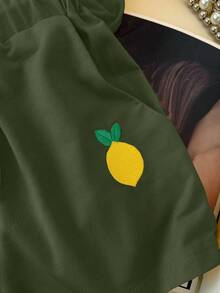 Airaco Plus Size Summer Casual Lemon Embroidery Round Neck Short Sleeve T-Shirt And Shorts 2-Piece Set - Army Green - View 5