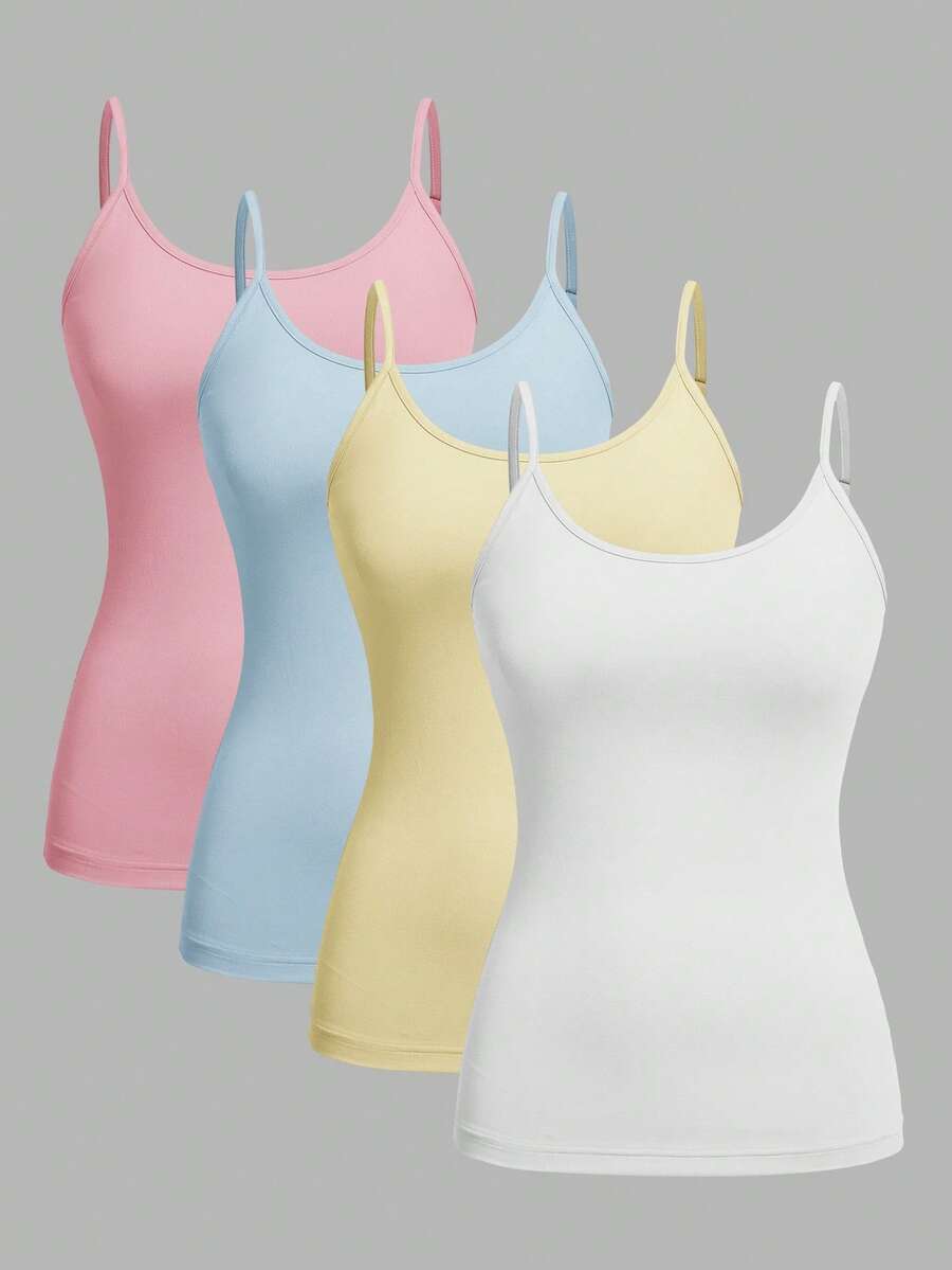 SHEIN EZwear 4件套休闲简约吊带背心,适合夏季穿着 - 彩色 - 查看 1