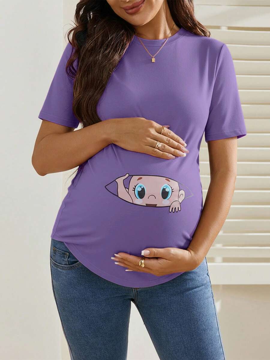 SHEIN Pregnant Women Cartoon Print Round Neck Casual Daily Short Sleeve T-Shirt Maternity T-Shirt Maternity Shirts For Women Pregnant T-Shirt Graphic Baby Tee For Pregnant Outfit - Mauve Purple - View 1