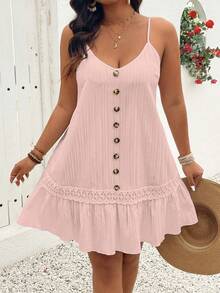 EMERY ROSE Women's Plus Size V-Neck Sleeveless Button Front Ruffle Hem Slip Dress,Dusty Pink,Summer,Boho,Beach Vacation,Holiday Spaghetti Strap Textured Mini - Orange - View 3