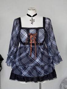Sunspun Plus Size Diamond Collar Ribbon Applique Chiffon Printed Mid-Sleeve Blouse - Multicolor - View 6