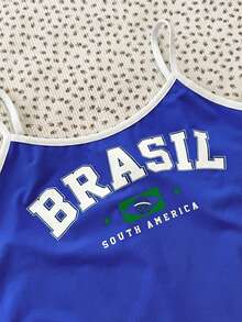 SHEIN 少女亮色巴西印花撞色休闲吊带背心，修身运动背心，适合夏季穿着 - 藍白色 - 查看 4