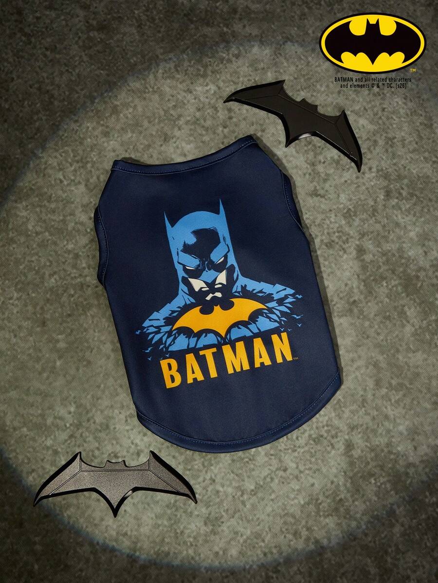 Batman X PETSIN 一件印有超级英雄头像的宠物背心，带面罩，蓝色头部图案，柔软透气，活动自如，深蓝色宠物服装 - 深藍色 - 查看 1
